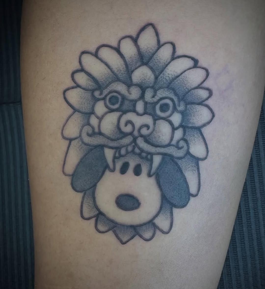 Stylized animal mask realism tattoo on the thigh by Tatts By Bryan B 🇲🇽 - SLC