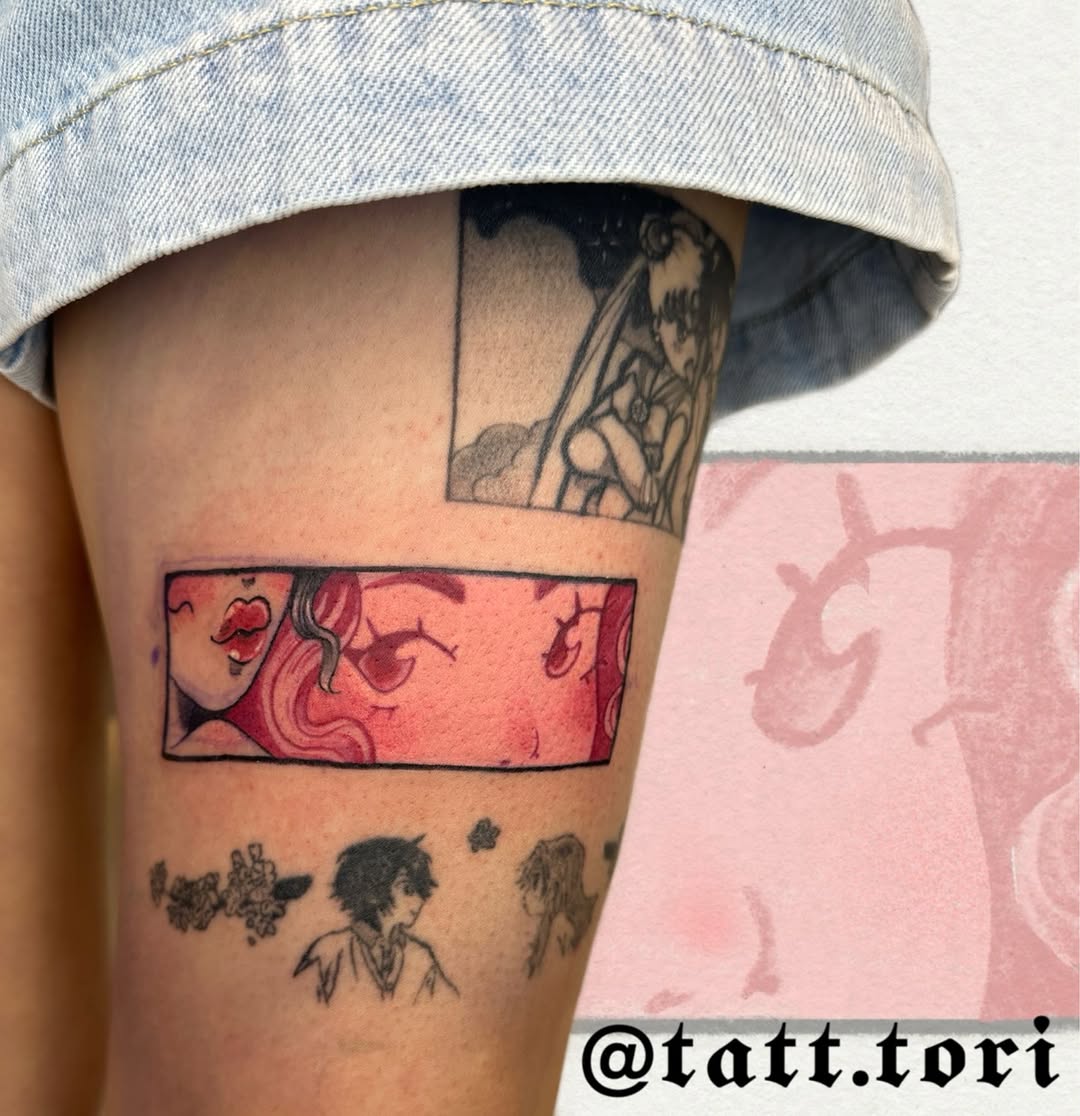 Manga panels with anime characters anime tattoo on the thigh by 𝔱𝔬𝔯𝔦