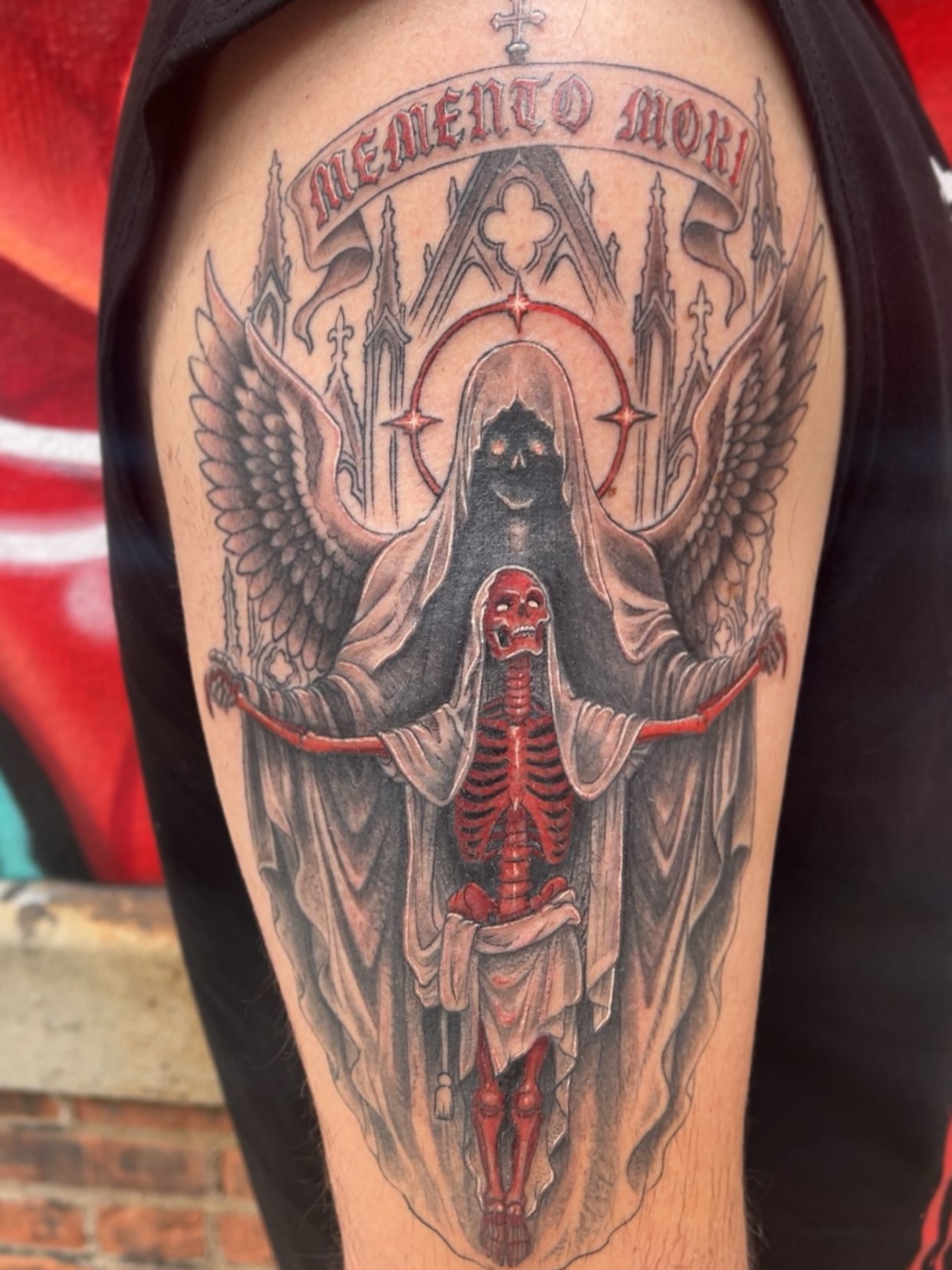 Reaper and skeleton dark realism tattoo on the thigh by Elle Miller