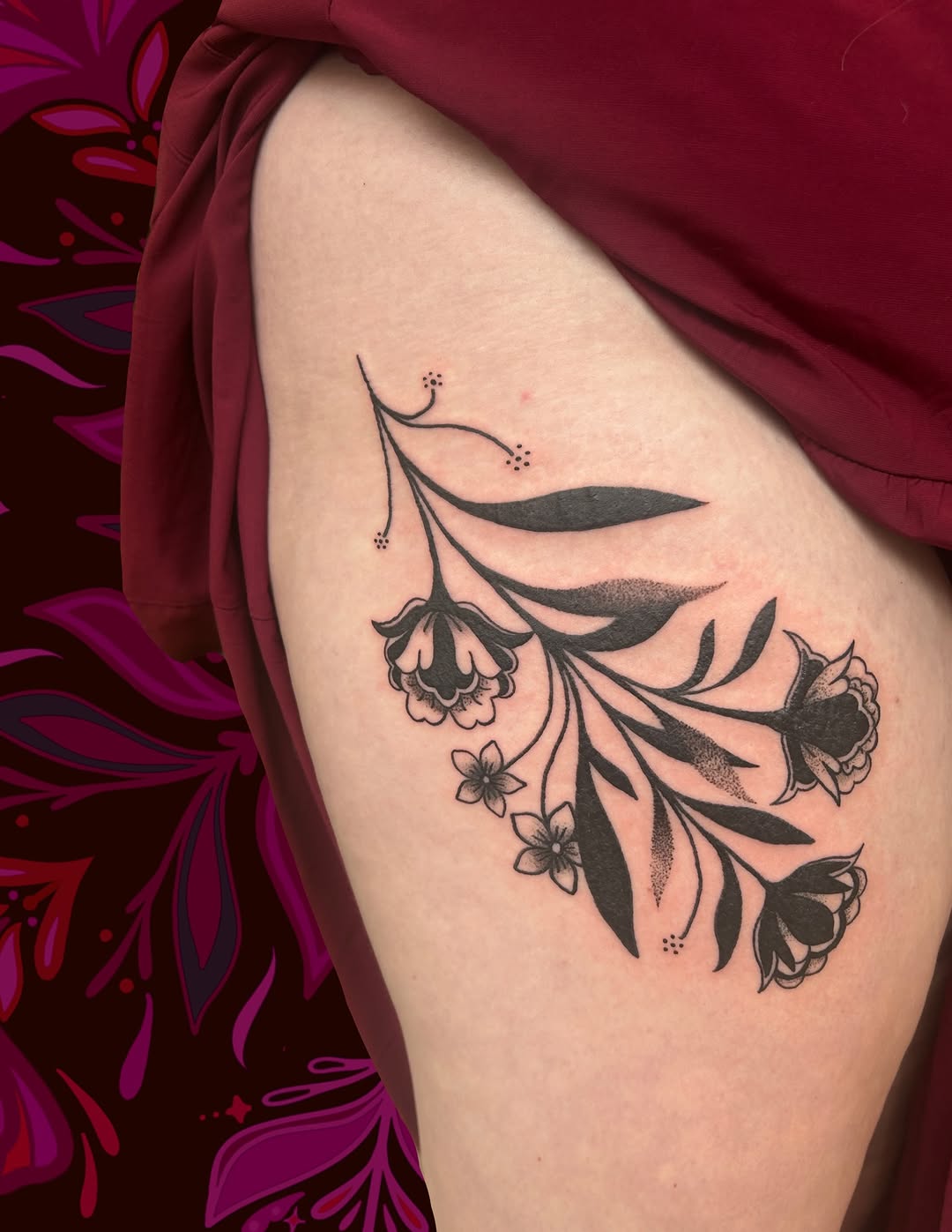 Floral branch fine line tattoo on the thigh by ❆ minneapolis tattoo artist ❆