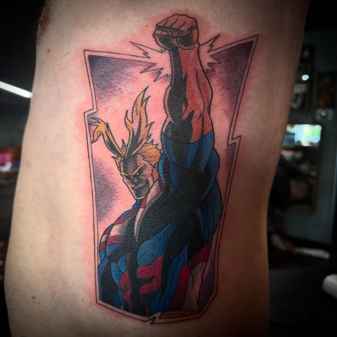 Superhero anime tattoo on the ribs by Cory Haberman
