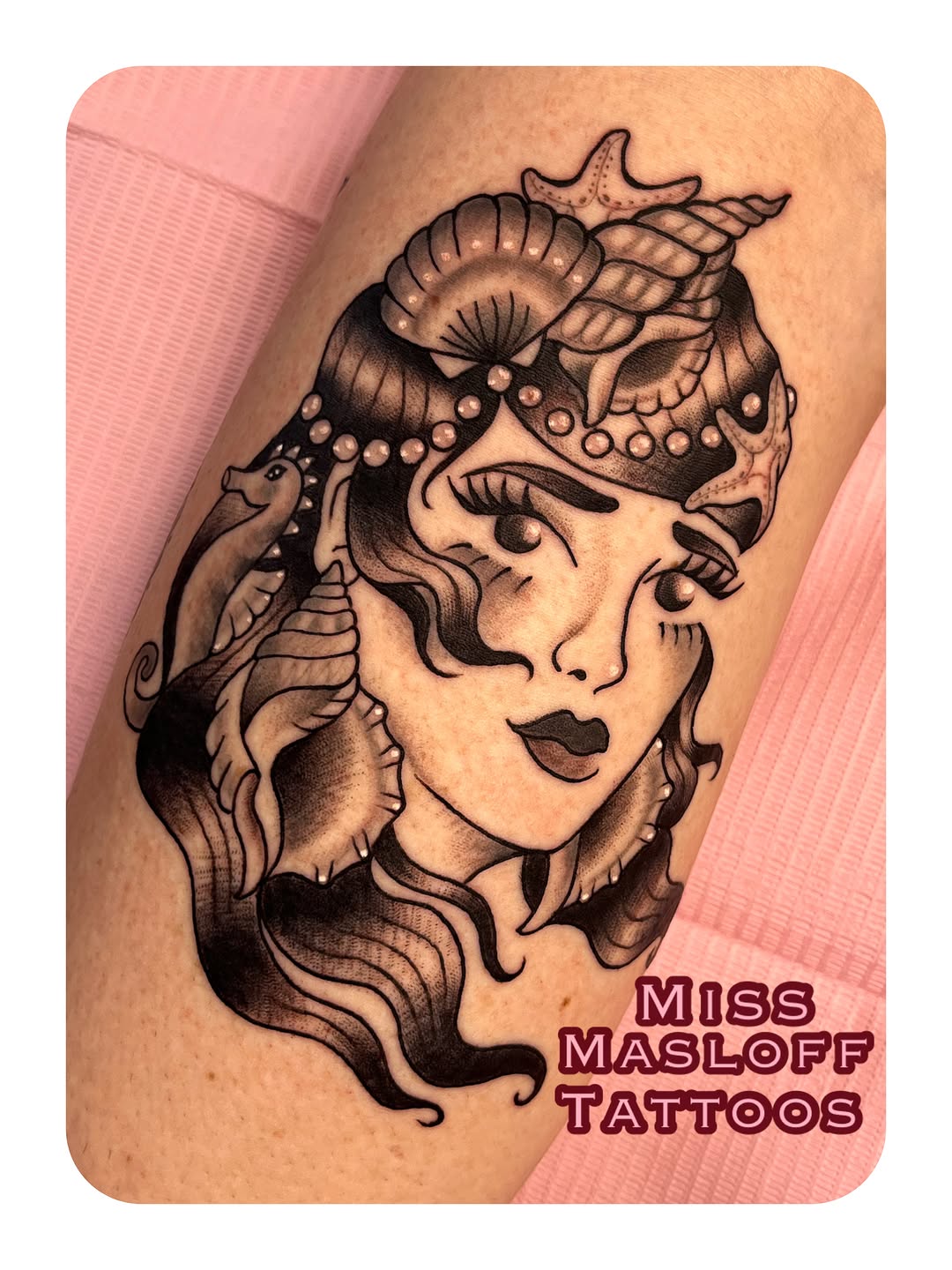 Mermaid portrait with seashells tattoo on the thigh by ๐Miss Ash Masloff (Mrs.Waritz)๐