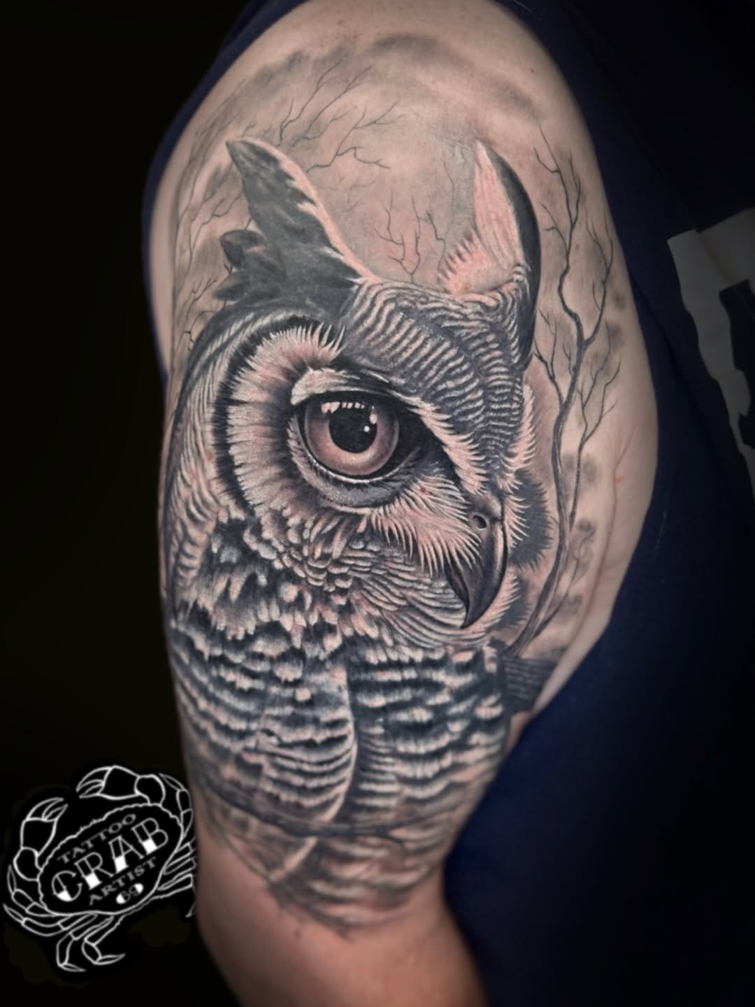 Owl portrait fine line tattoo on the shoulder by Martin Colonna