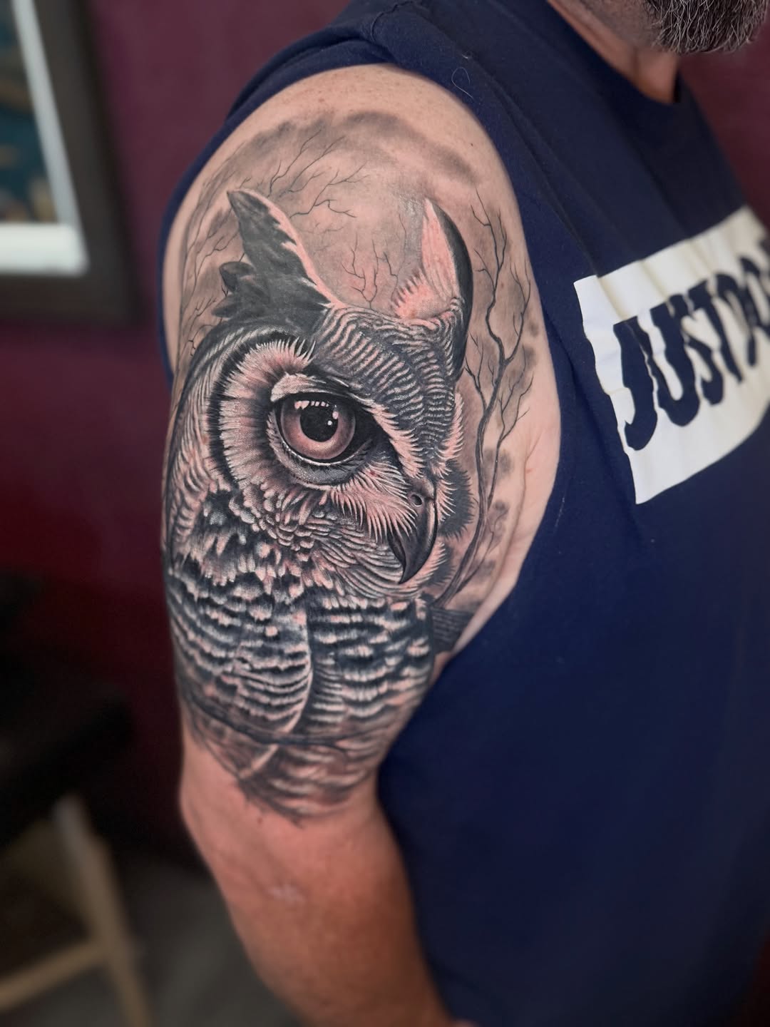 Owl portrait realism tattoo on the shoulder by Martin Colonna