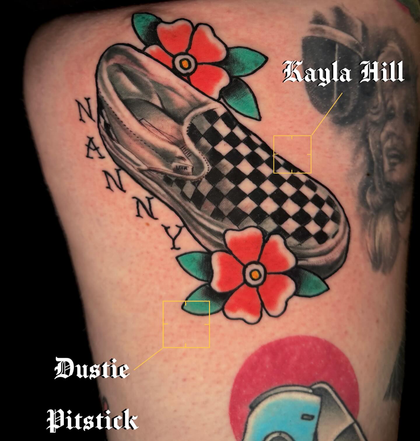 Skate shoe and flowers American traditional tattoo on the forearm by Dustie Pitstick