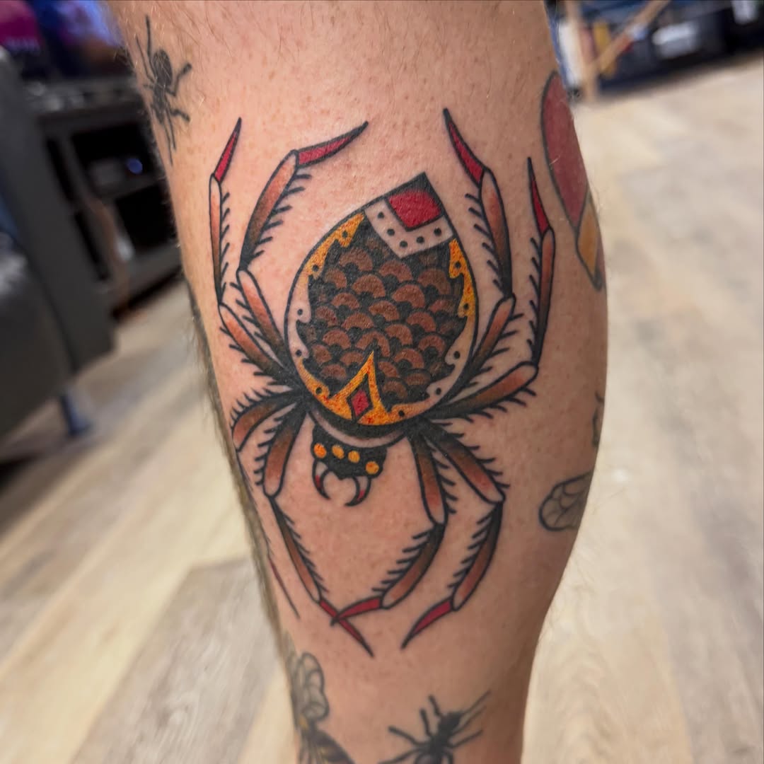 Spider American traditional tattoo on the forearm by Kane L, Albuquerque, New Mexico