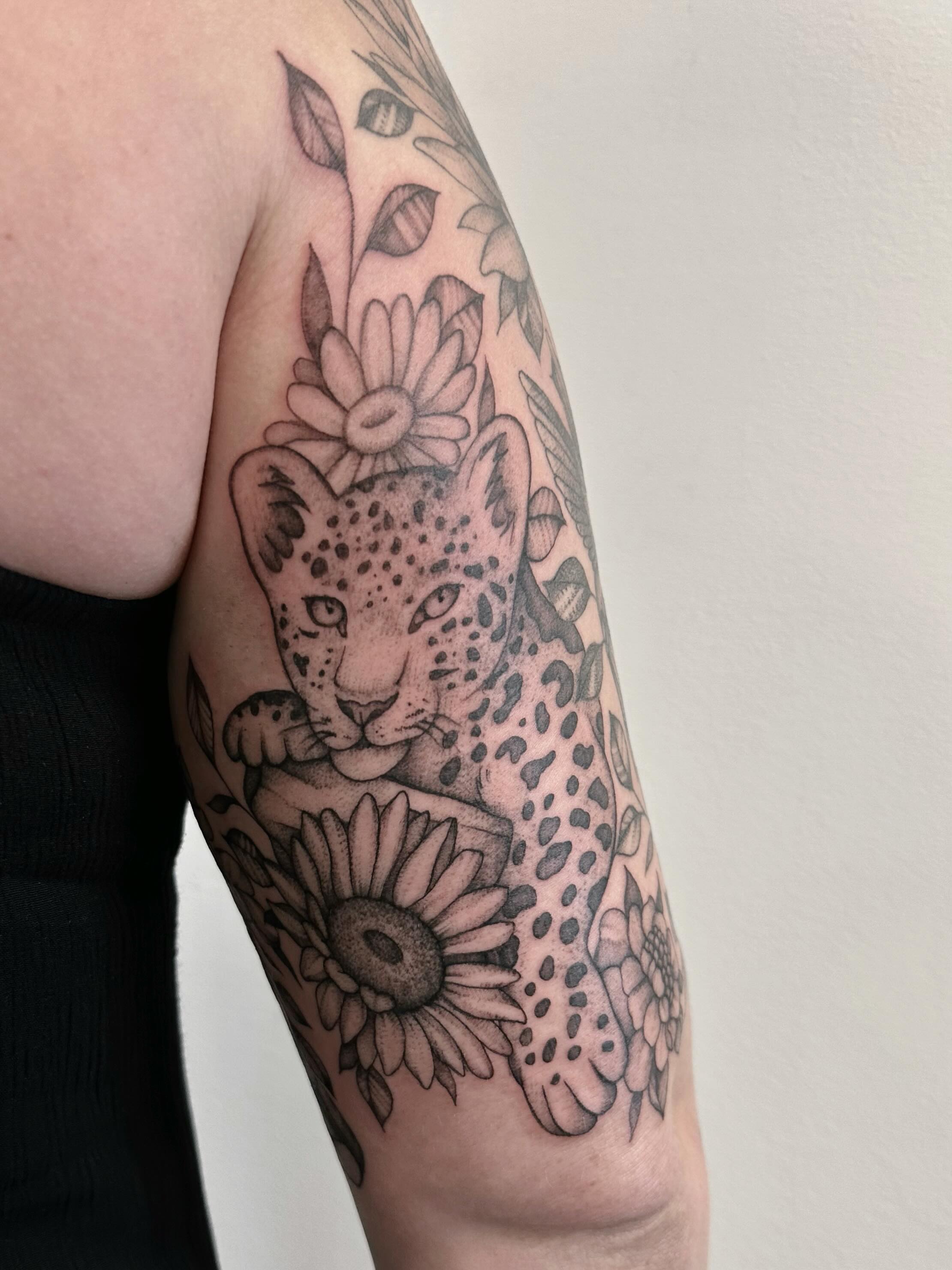 Tattoo by @shroomgrrrl — black_and_grey, realism