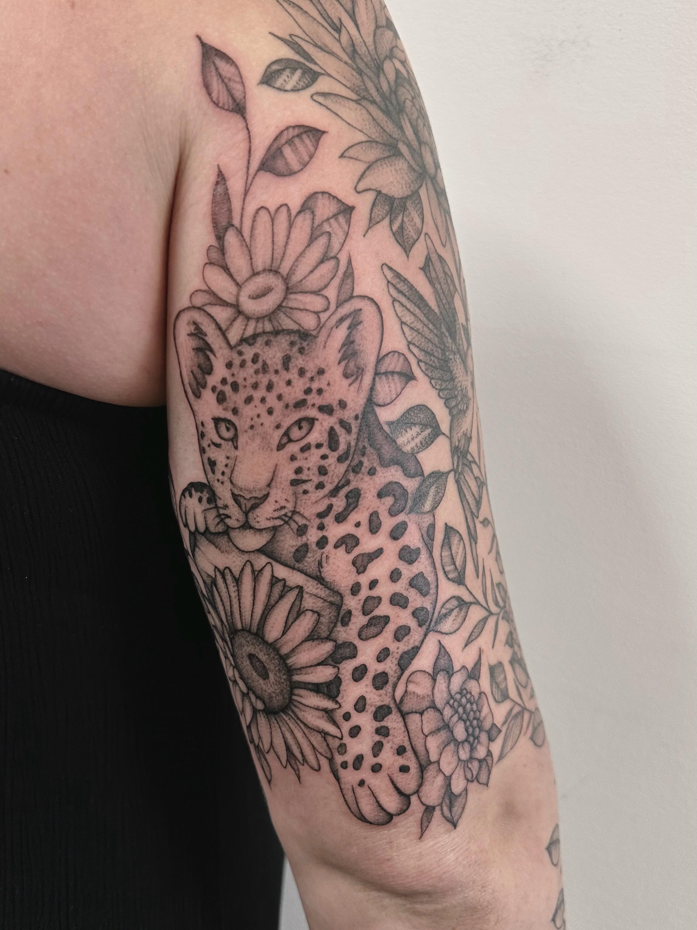 Tattoo by @shroomgrrrl — black_and_grey, realism