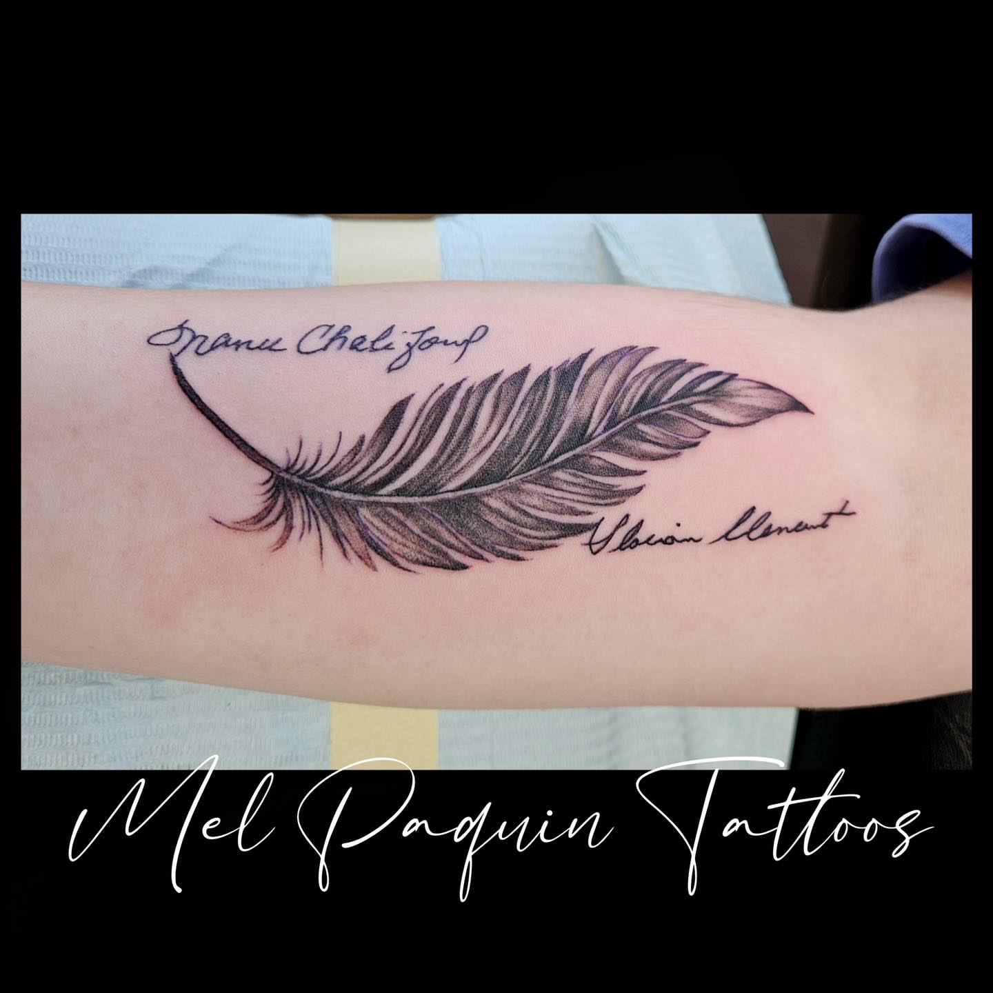 Feather black and grey tattoo on the forearm by Mel Paquin