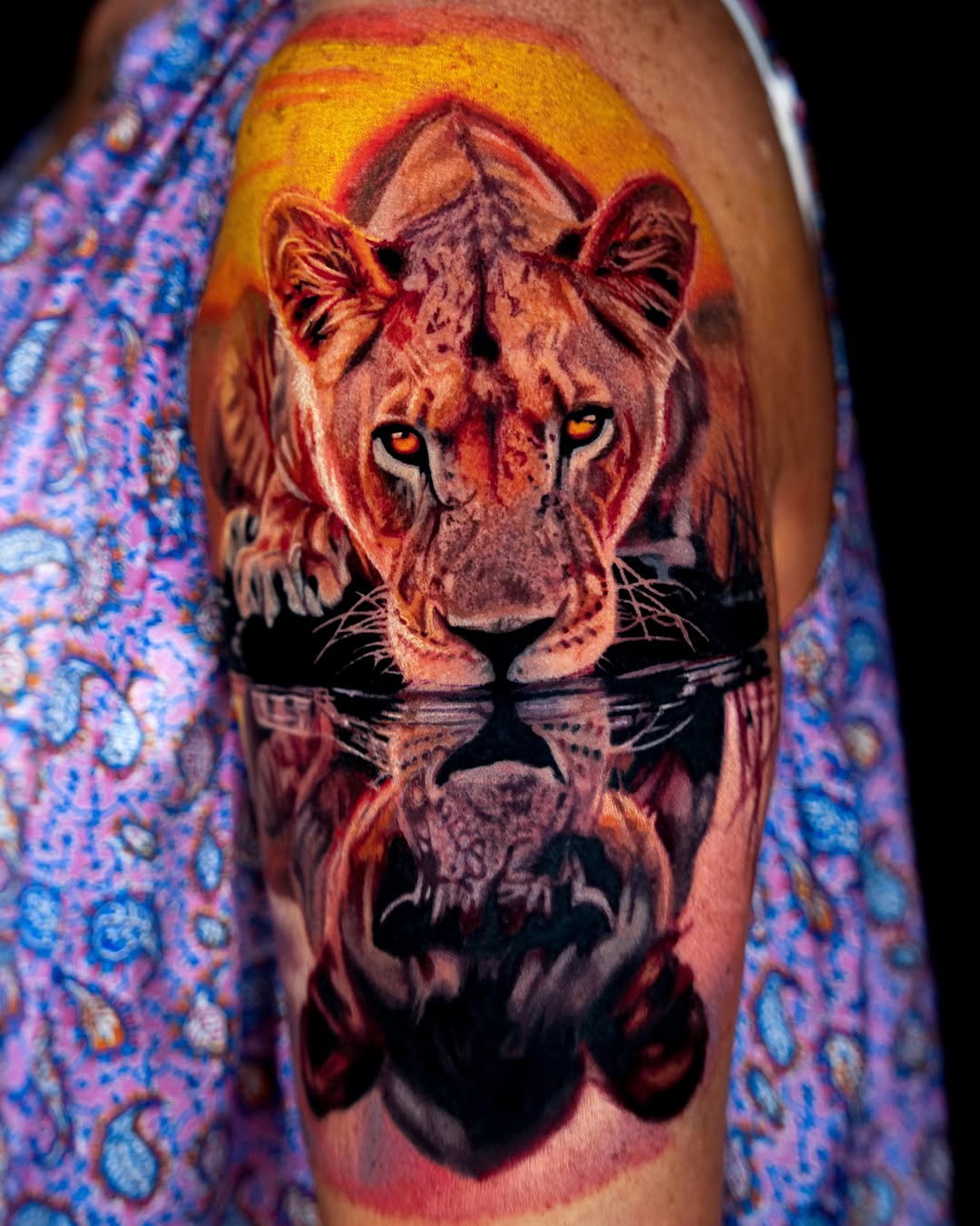 Lioness reflection realism tattoo on the forearm by B R A D C H A R L e S