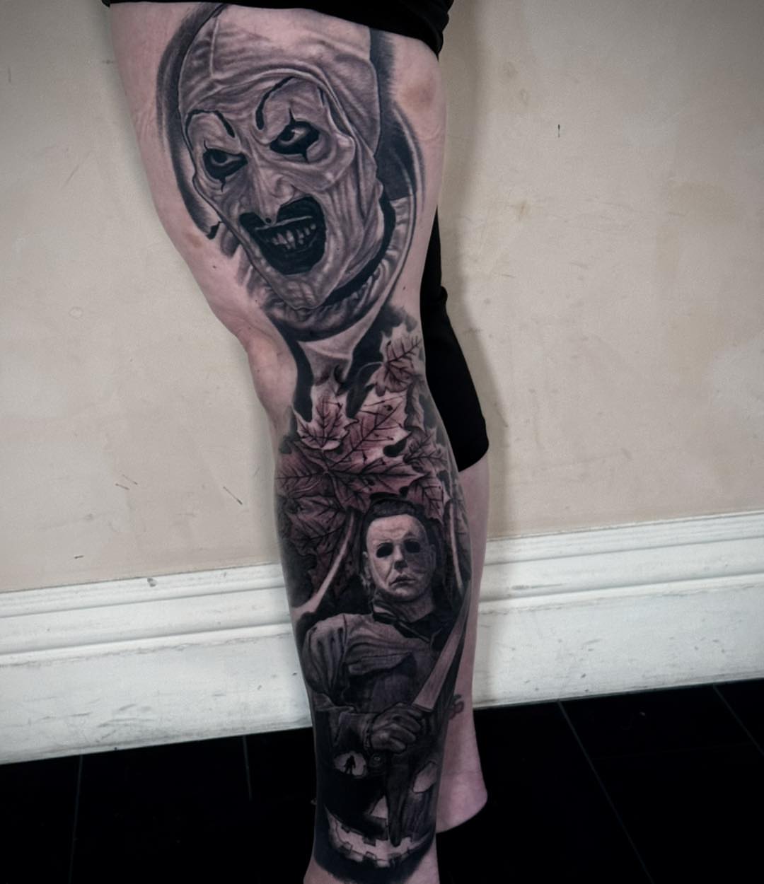 Horror movie characters realism tattoo on the leg by Isaac