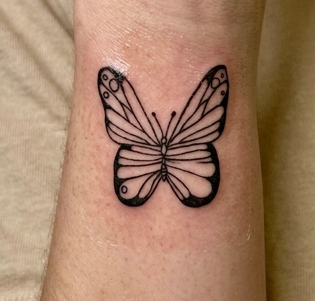 Butterfly fine line tattoo on the forearm by I N K S L A y e R