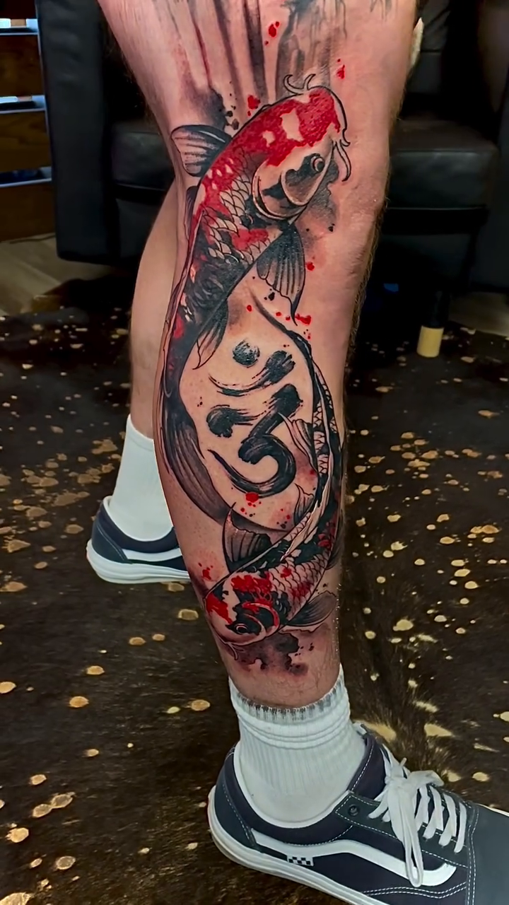 Koi fish with Om symbol Japanese tattoo on the calf by David Garner, Los Angeles, California