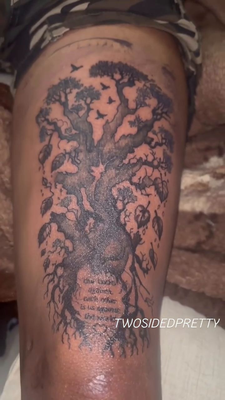 Tree of life with quote watercolor tattoo on the leg by @twosidedpretty