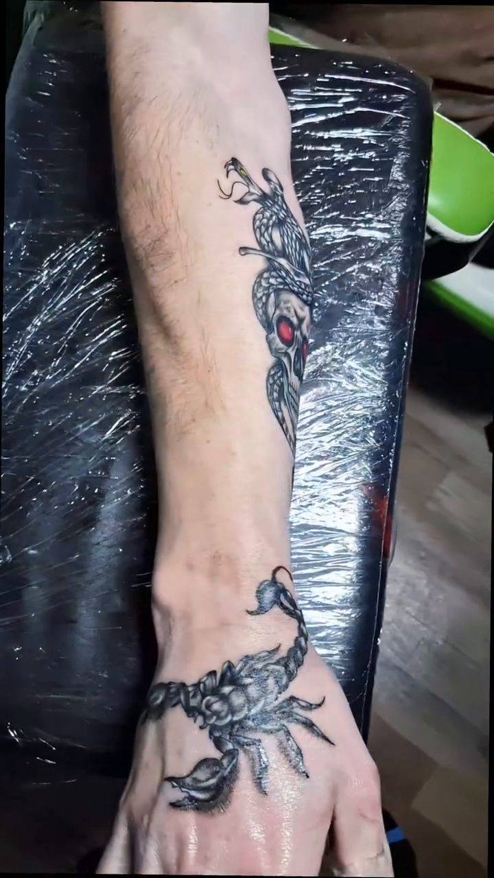 Skull with snake and scorpion realism tattoo on the forearm by Tanya Tattoota
