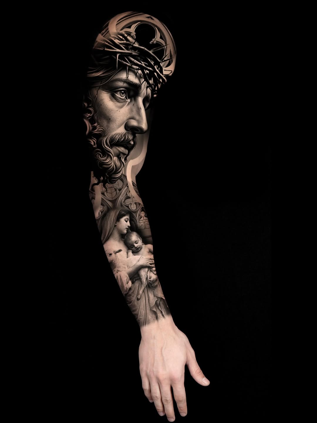 Jesus and Mary with baby realism tattoo on the forearm by ♍️𝒾𝒸𝒽𝑒𝓁𝓁𝑒⁺‧₊˚ ཐི⋆♱⋆ཋྀ ˚₊‧⁺, Charlotte, North Carolina