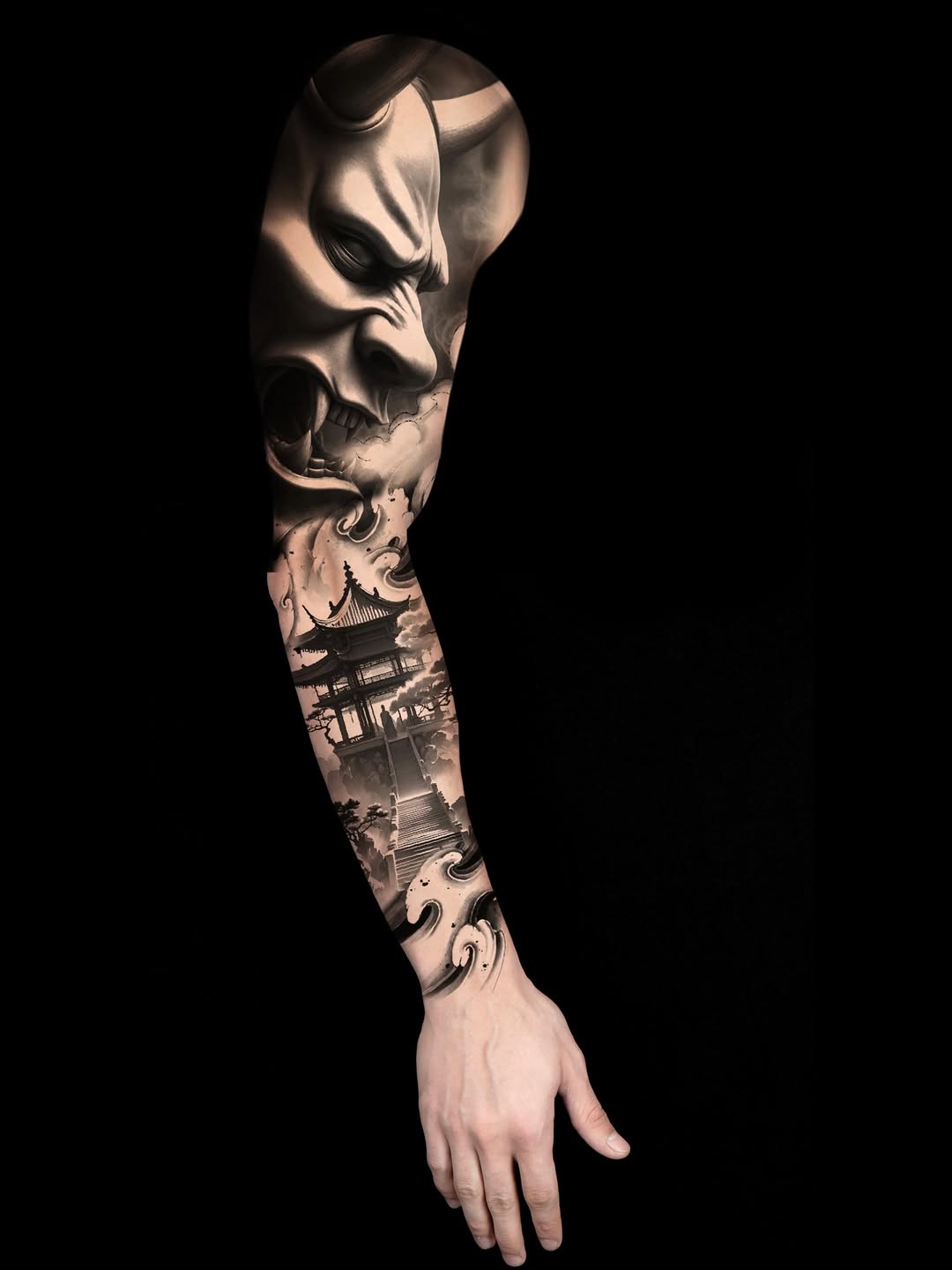 Oni mask and pagoda Japanese tattoo on the forearm by ♍️𝒾𝒸𝒽𝑒𝓁𝓁𝑒⁺‧₊˚ ཐི⋆♱⋆ཋྀ ˚₊‧⁺, Charlotte, North Carolina