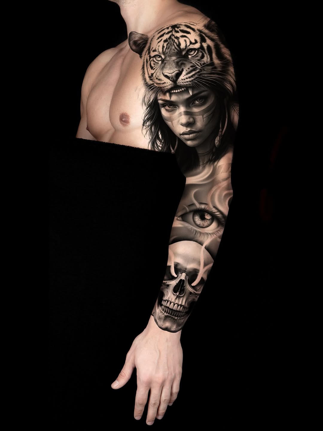 Tiger headdress woman, eye, and skull realism tattoo on the forearm by ♍️𝒾𝒸𝒽𝑒𝓁𝓁𝑒⁺‧₊˚ ཐི⋆♱⋆ཋྀ ˚₊‧⁺, Charlotte, North Carolina