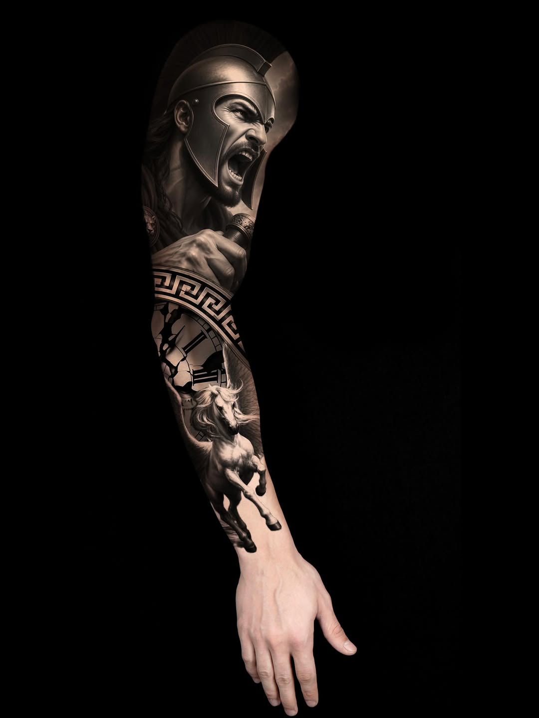 Spartan warrior and Pegasus Japanese tattoo on the forearm by ♍️𝒾𝒸𝒽𝑒𝓁𝓁𝑒⁺‧₊˚ ཐི⋆♱⋆ཋྀ ˚₊‧⁺, Charlotte, North Carolina