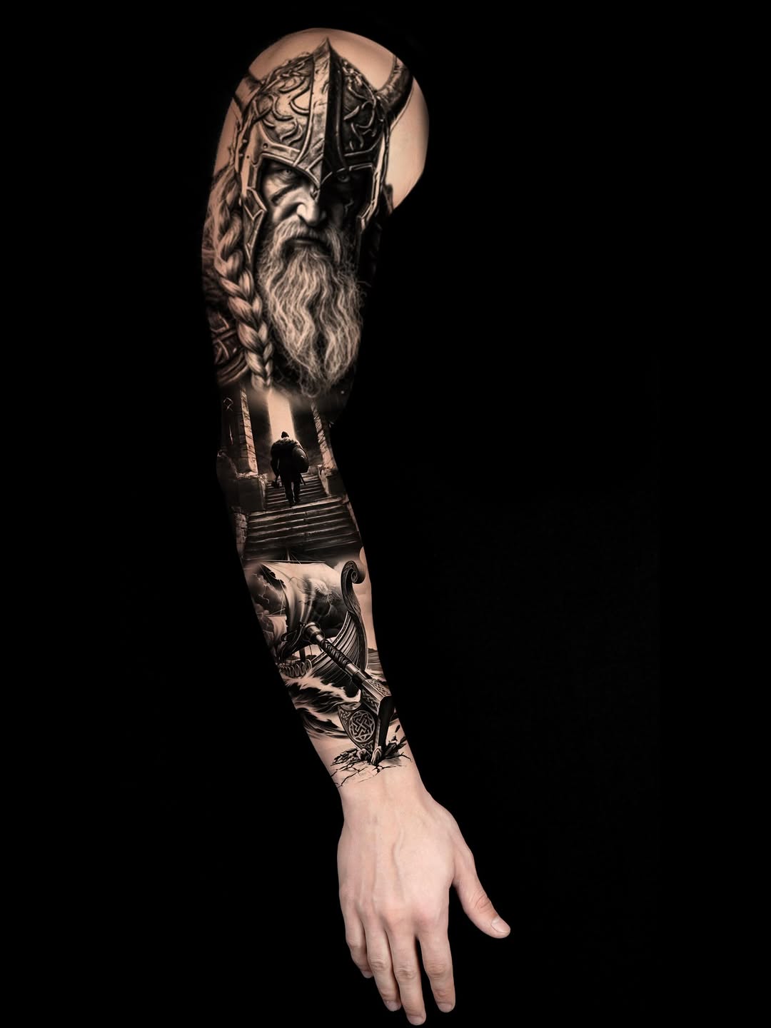 Viking warrior and ship realism tattoo on the forearm by ♍️𝒾𝒸𝒽𝑒𝓁𝓁𝑒⁺‧₊˚ ཐི⋆♱⋆ཋྀ ˚₊‧⁺, Charlotte, North Carolina
