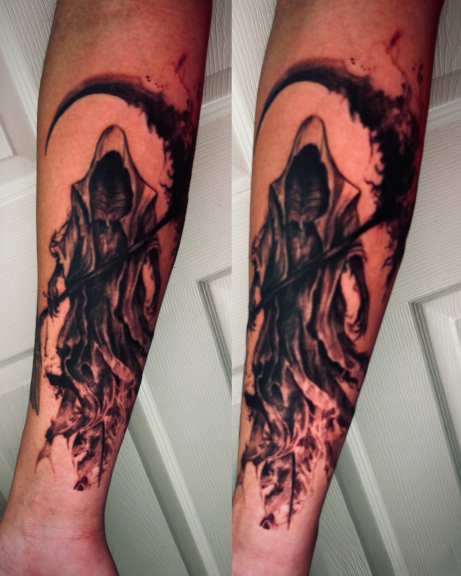 Grim reaper dark realism tattoo on the forearm by Caloy Obra