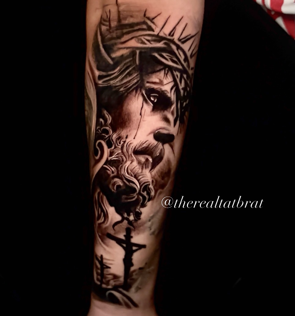 Tattoo by @therealtatbrat — black_and_grey, realism