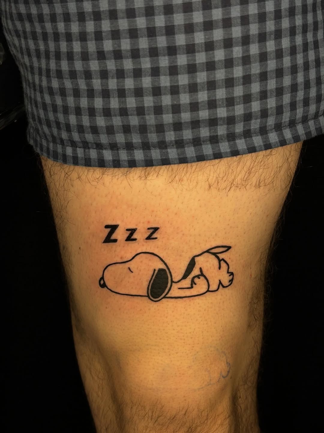 Sleeping Snoopy new school tattoo on the thigh by Pres!