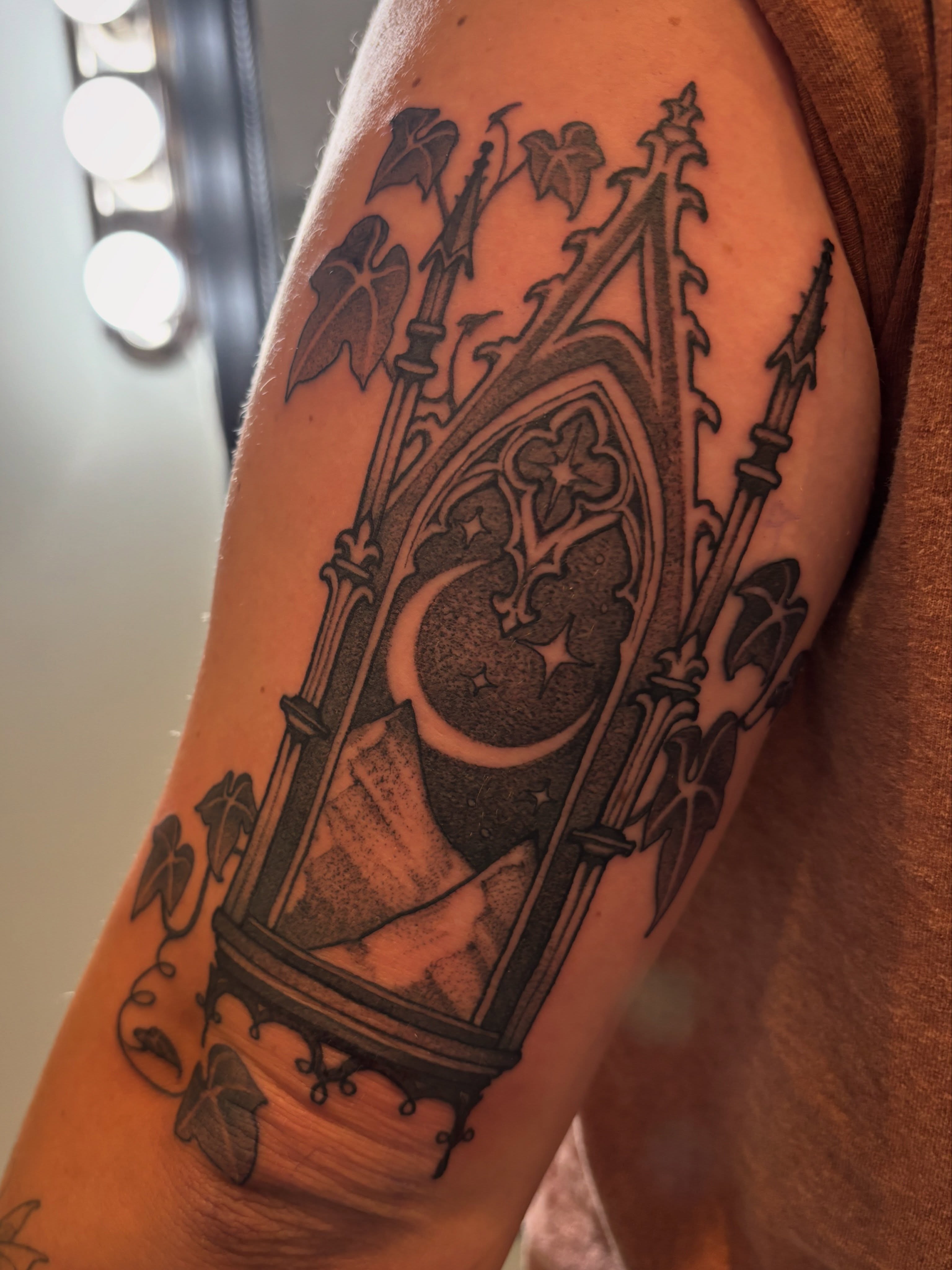 Gothic cathedral geometric tattoo on the forearm by Tara, Exeter, Pennsylvania