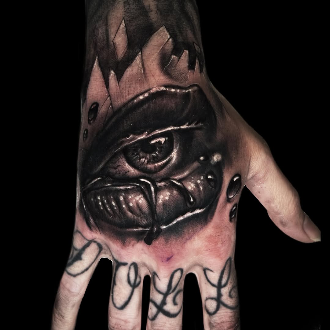 Eye with dripping liquid dark art tattoo on the hand by ๐ฟ๐๐ฃ๐๐๐ก ๐๐ค๐ ๐ค๐ง๐ฃ๐ฎ, Middletown, Orange County, New York