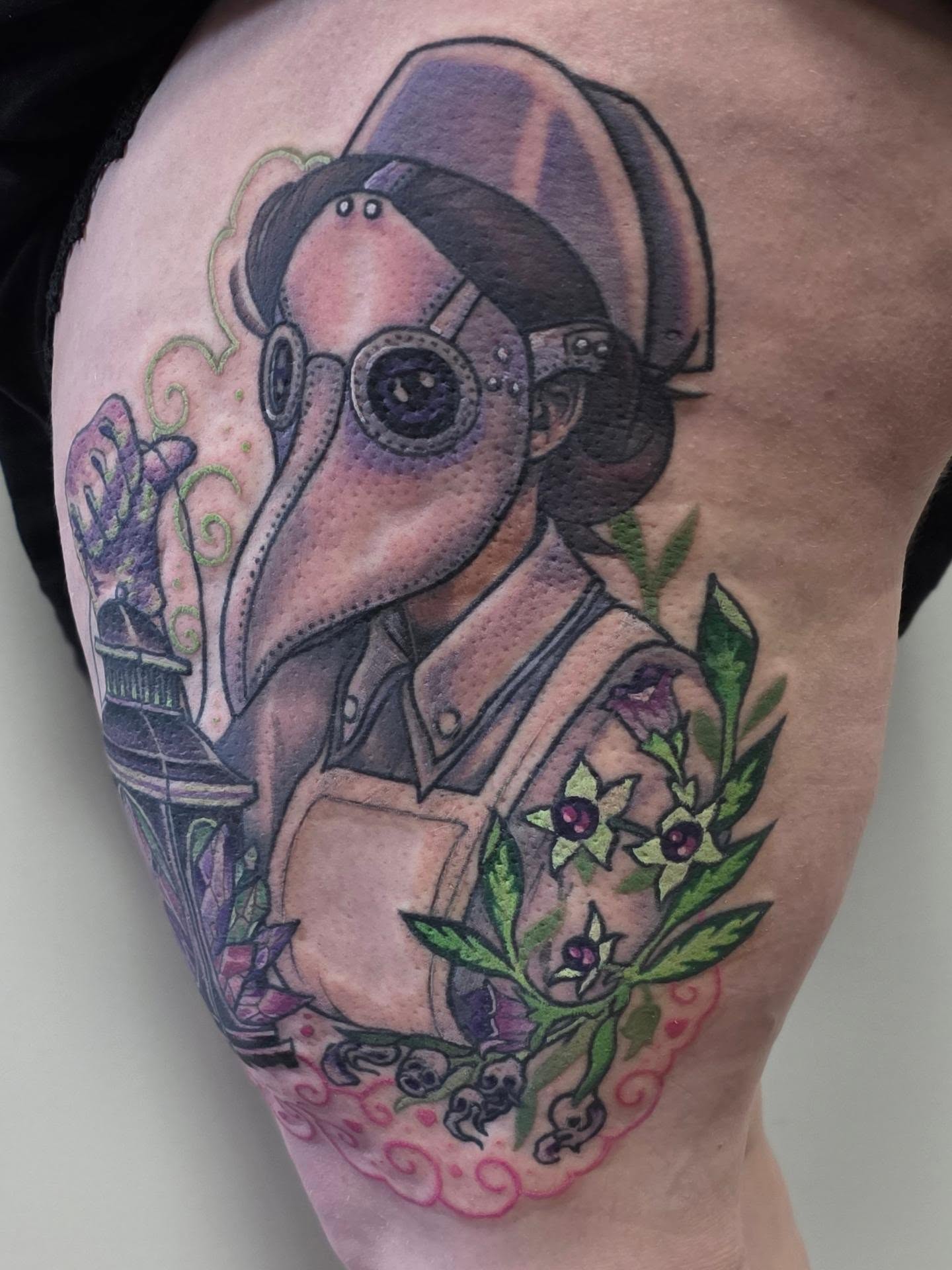 Plague doctor American traditional tattoo on the thigh by Lizz Zonno, Naperville, Illinois