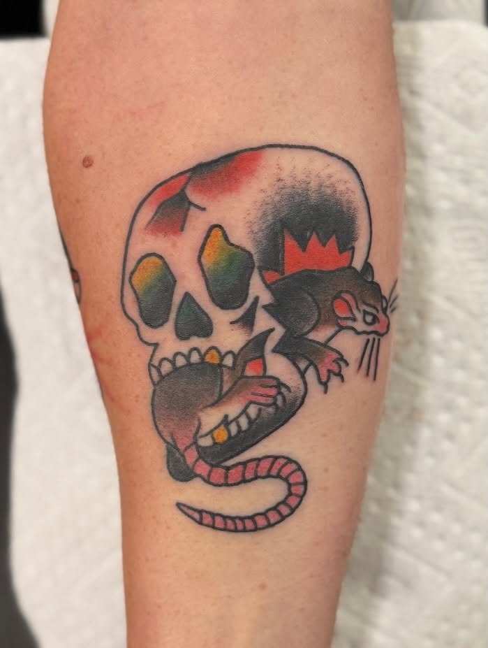 Skull with rat American traditional tattoo on the forearm by Joe tatum ~Tattoo~
