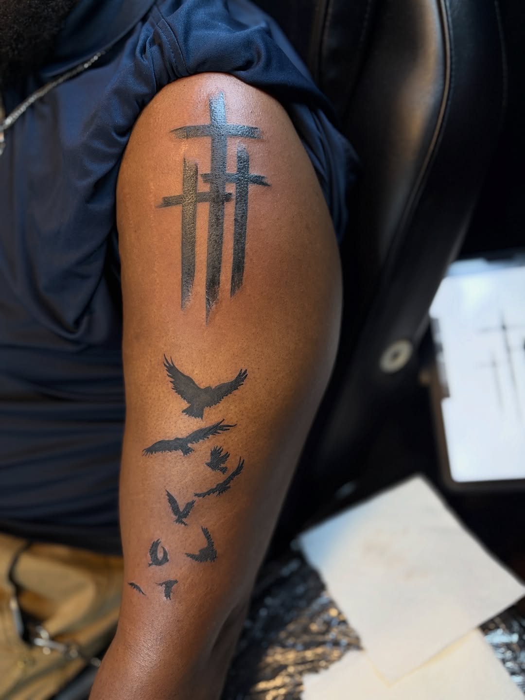 Three crosses and flock of birds realism tattoo on the forearm by Khemar InspiredByLife 🇯🇲