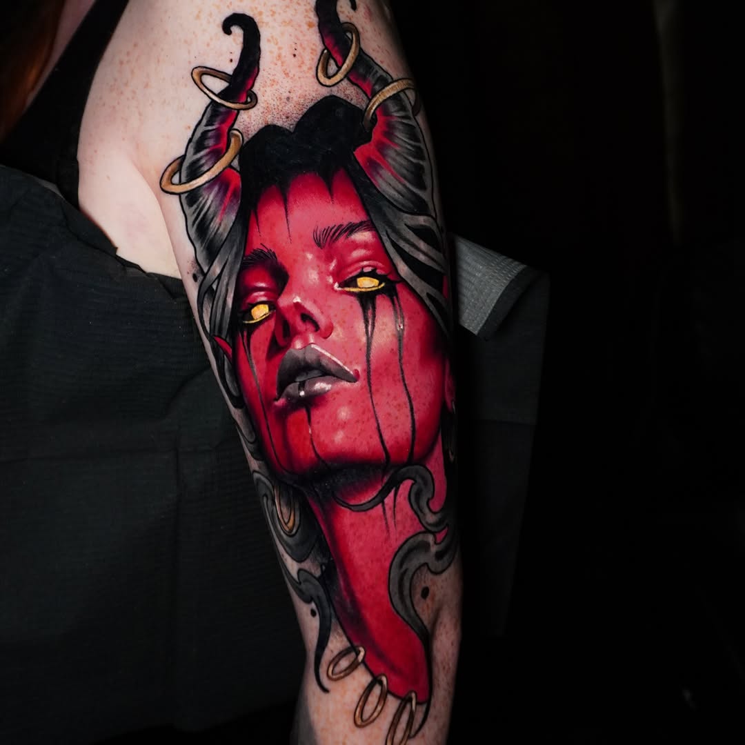 Demon woman portrait neo-traditional tattoo on the forearm by Andrey