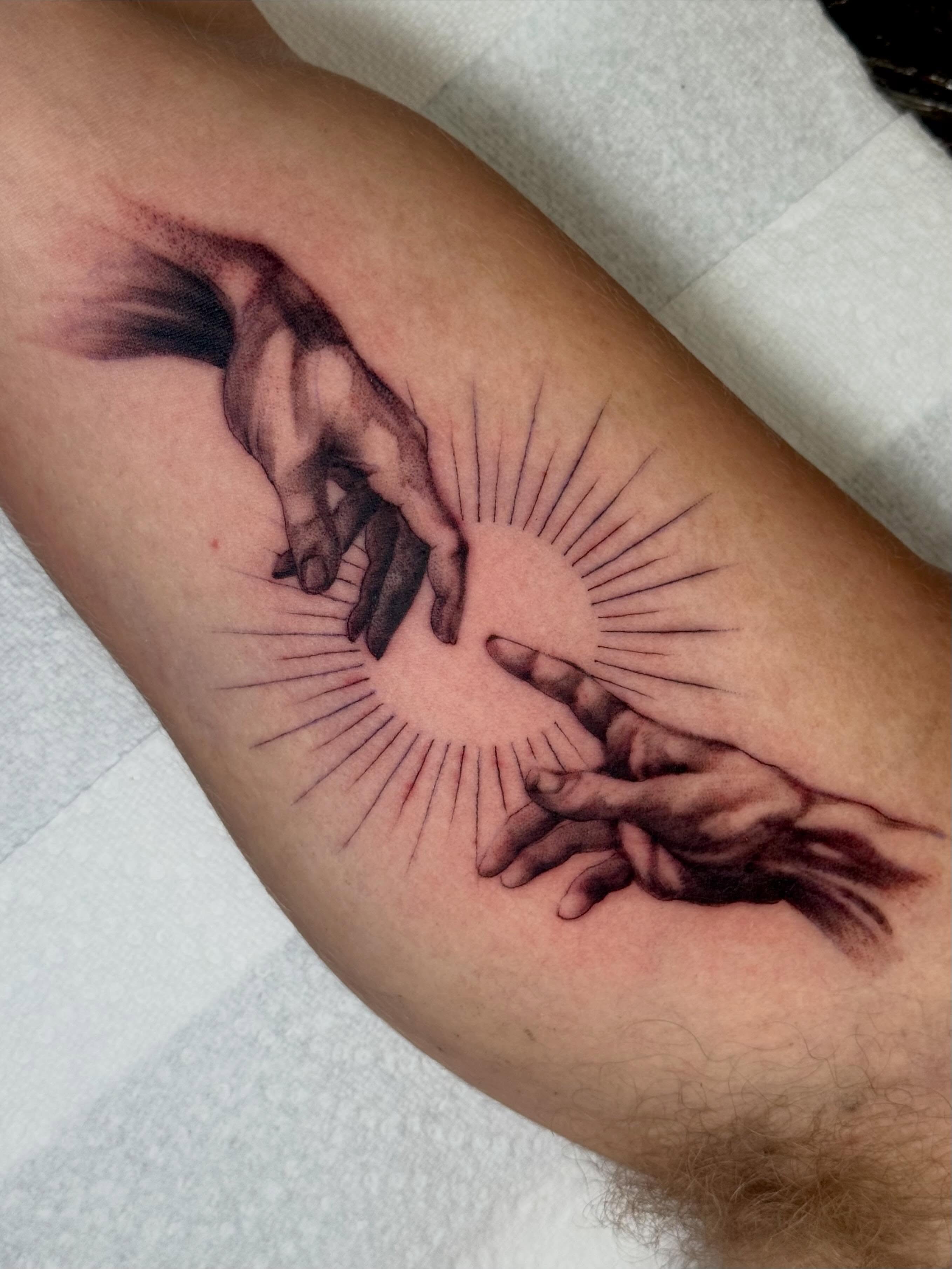 Hands reaching realism tattoo on the forearm by 🗡️Abi🗡️