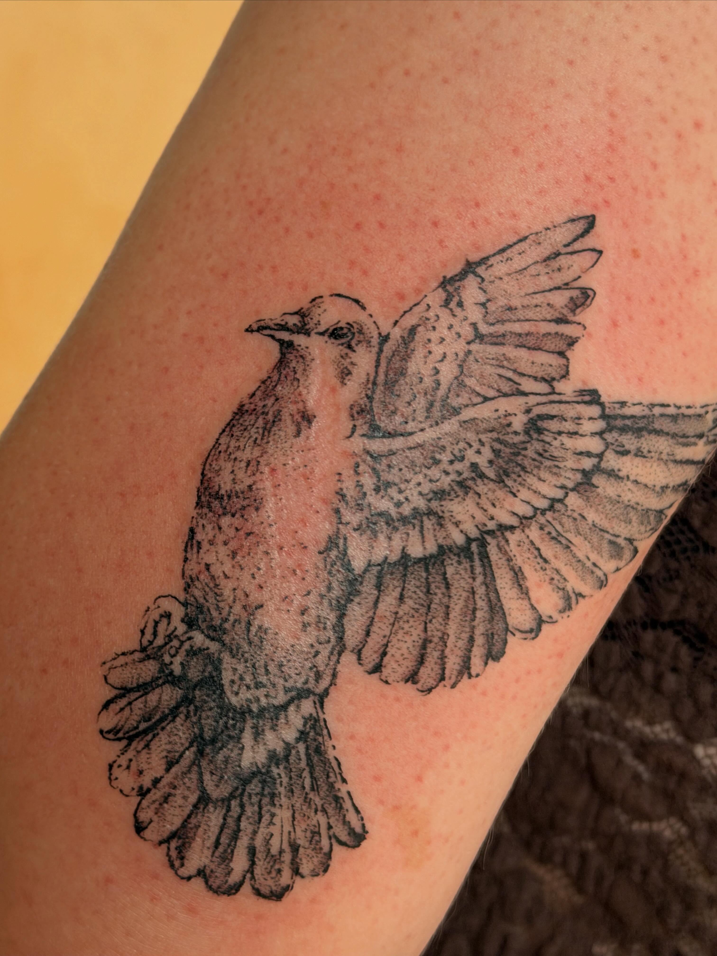 Bird dotwork tattoo on the forearm by Babymaxy Inks Llc