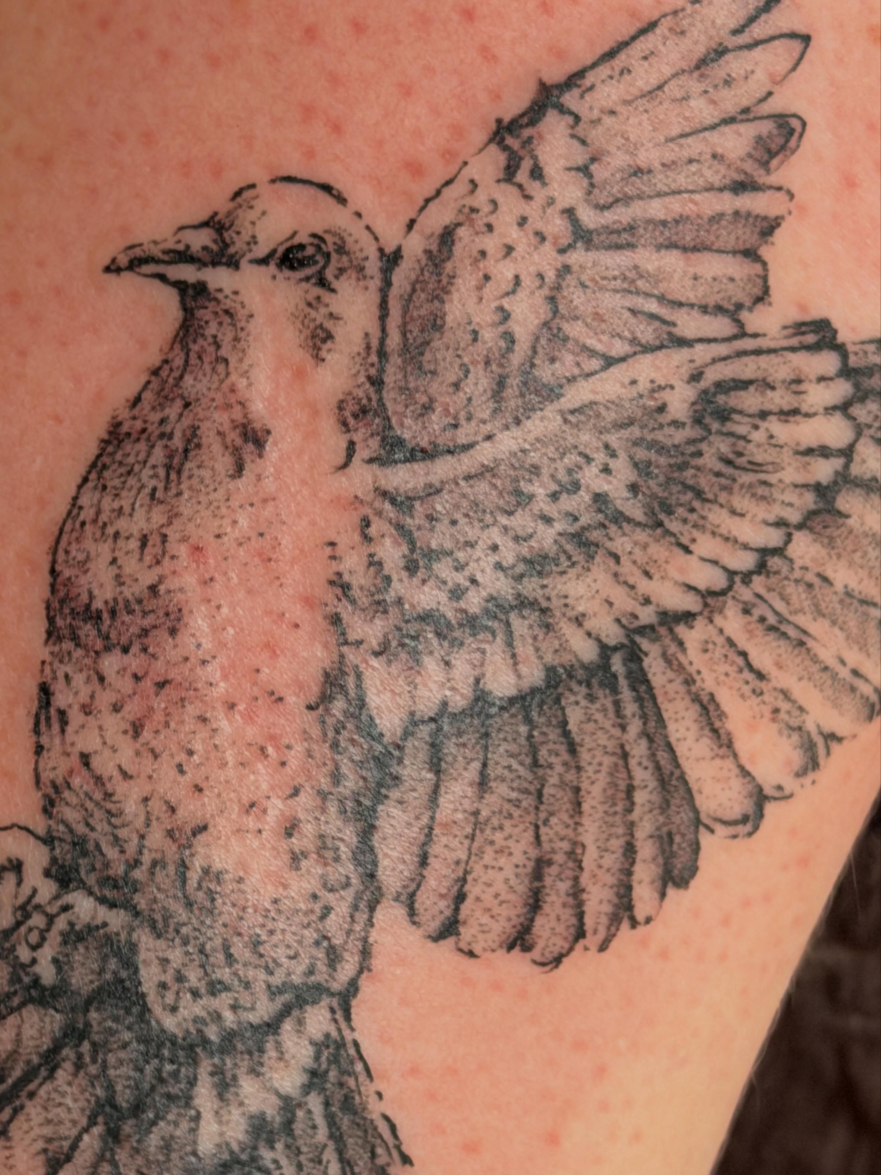 Bird dotwork tattoo on the thigh by Babymaxy Inks Llc