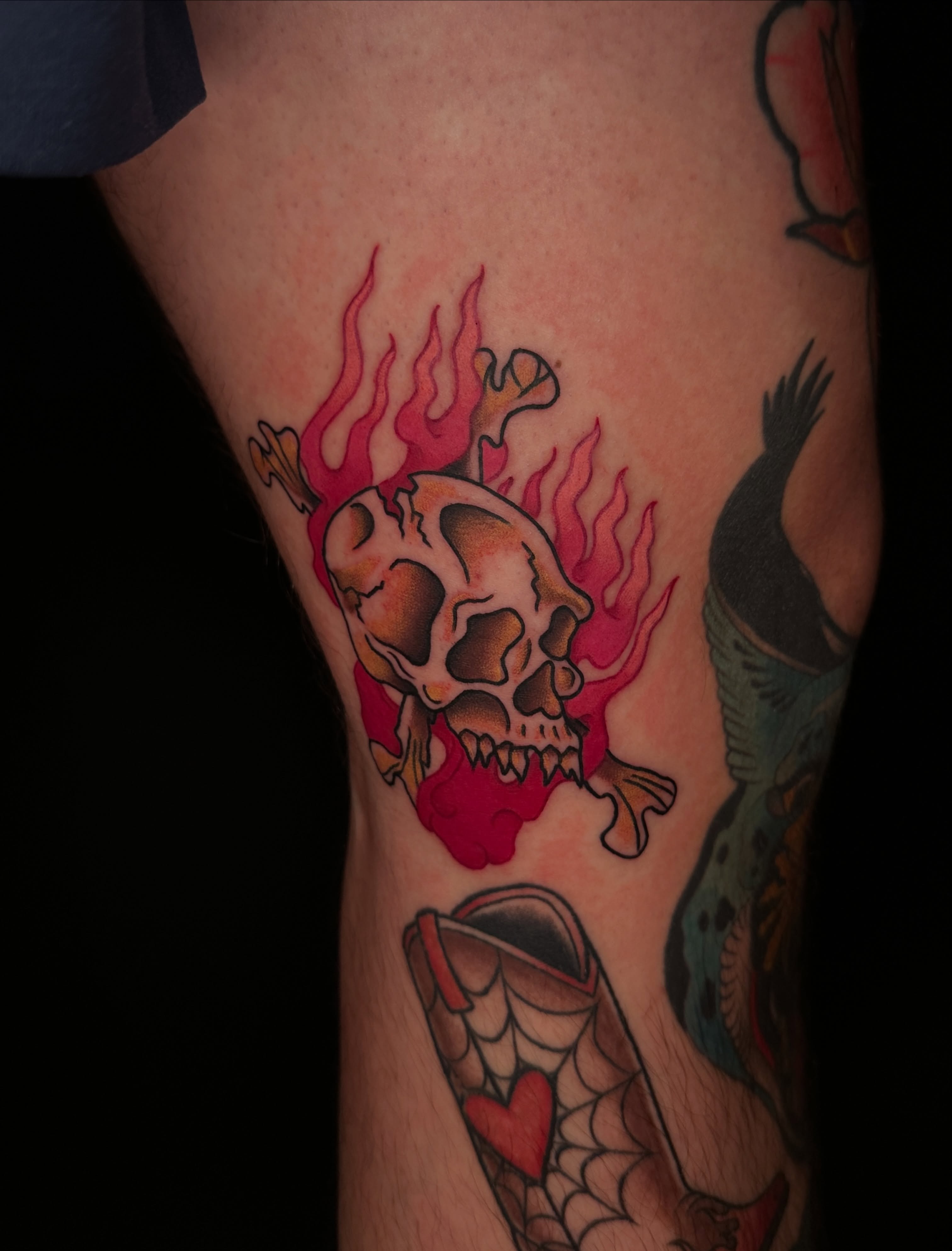 Flaming skull American traditional tattoo on the forearm by ⊹₊⟡⋆ 𝕵𝖔𝖎𝖊 ⊹₊⟡⋆