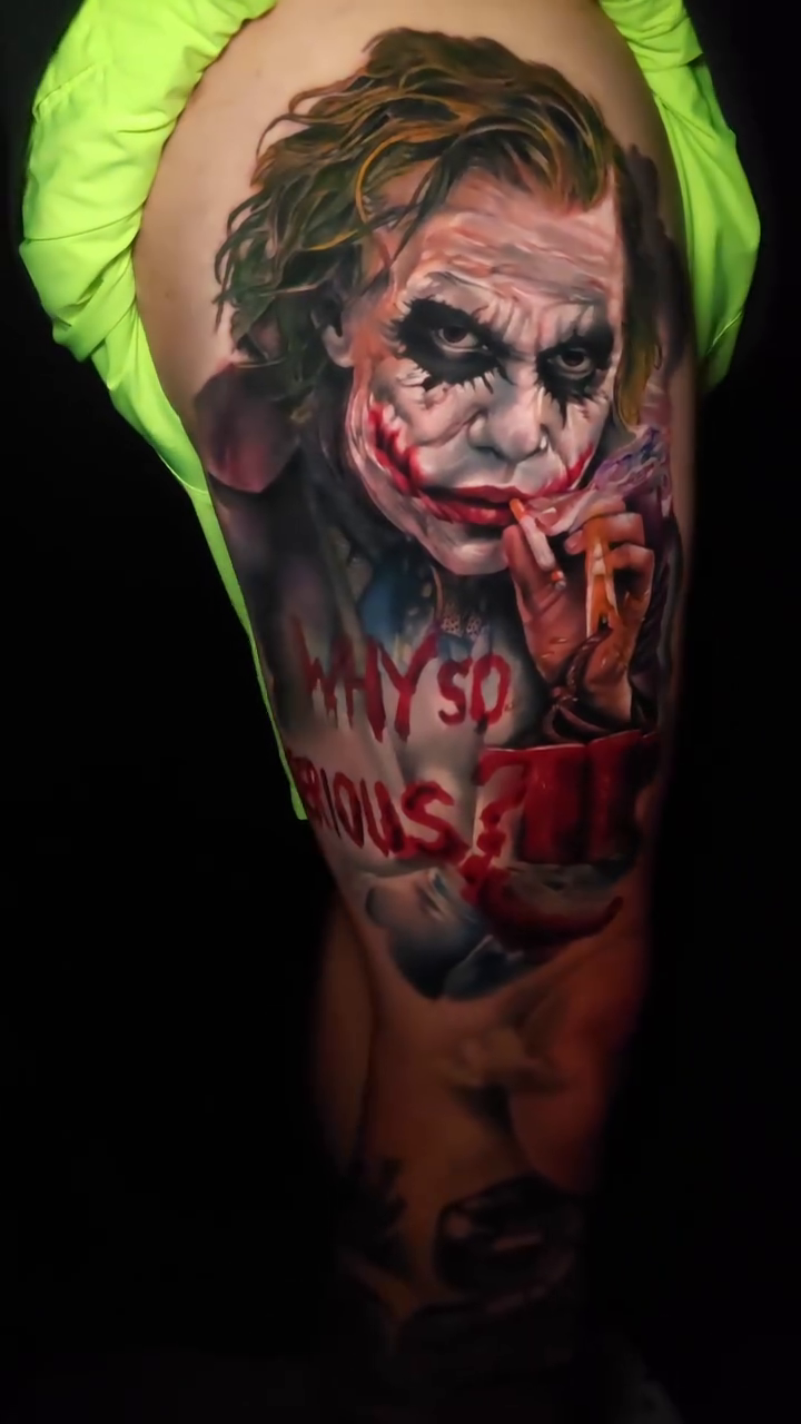 The Joker from The Dark Knight realism tattoo on the upper arm by Joseph J Tattooart Denver, Lakewood, Colorado