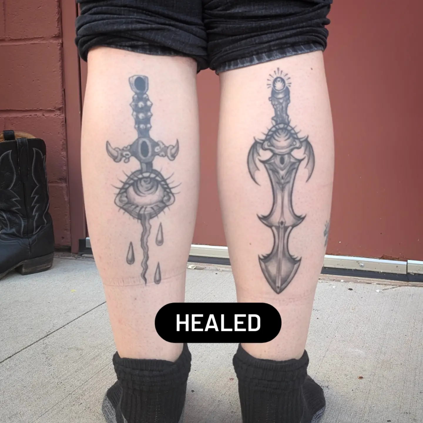 Eye and sword black and grey tattoo on the thigh by Jo Xylo - Minneapolis Tattoo Artist, Minneapolis, Minnesota