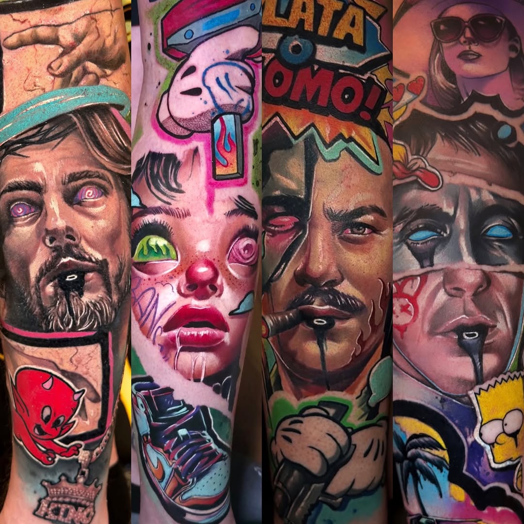 Portraits and pop culture elements watercolor tattoo on the forearm by Donald Reynolds