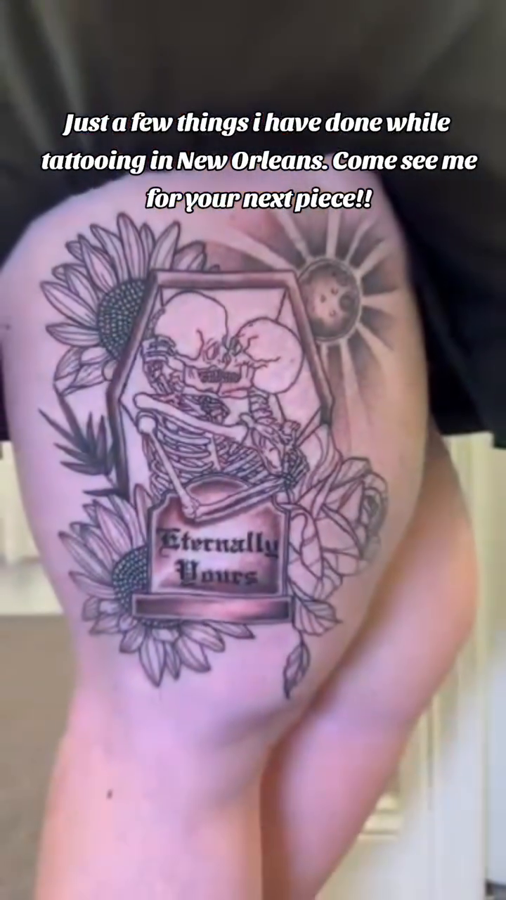 Coffin with skeleton and flowers fine line tattoo on the thigh by Captain Michael Devious