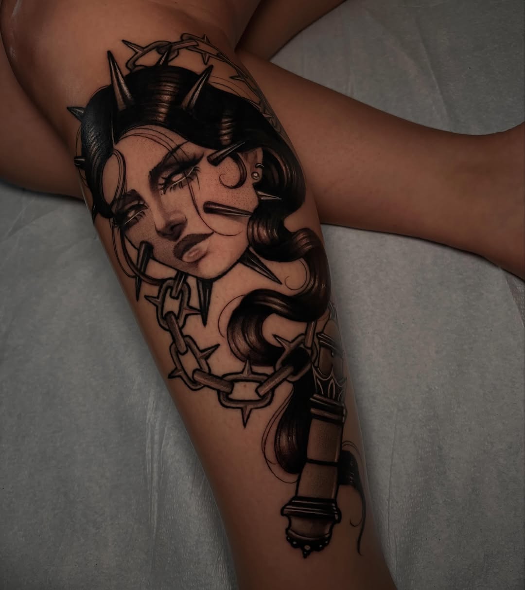 Tattoo by @taylorelizabethtattoos — black_and_grey, dark_realism