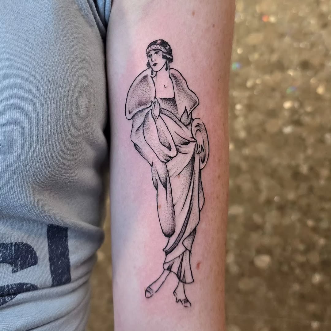 Woman in vintage dress sketch tattoo on the forearm by Hope 🌙, Cincinnati