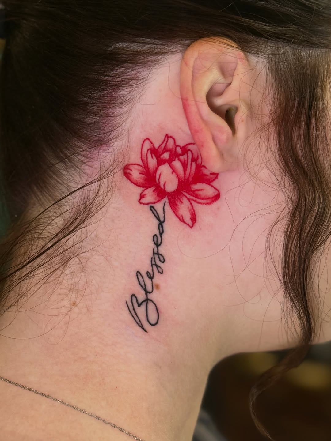 Flower and script lettering neo-traditional tattoo on the neck by π Erin Stephens π€