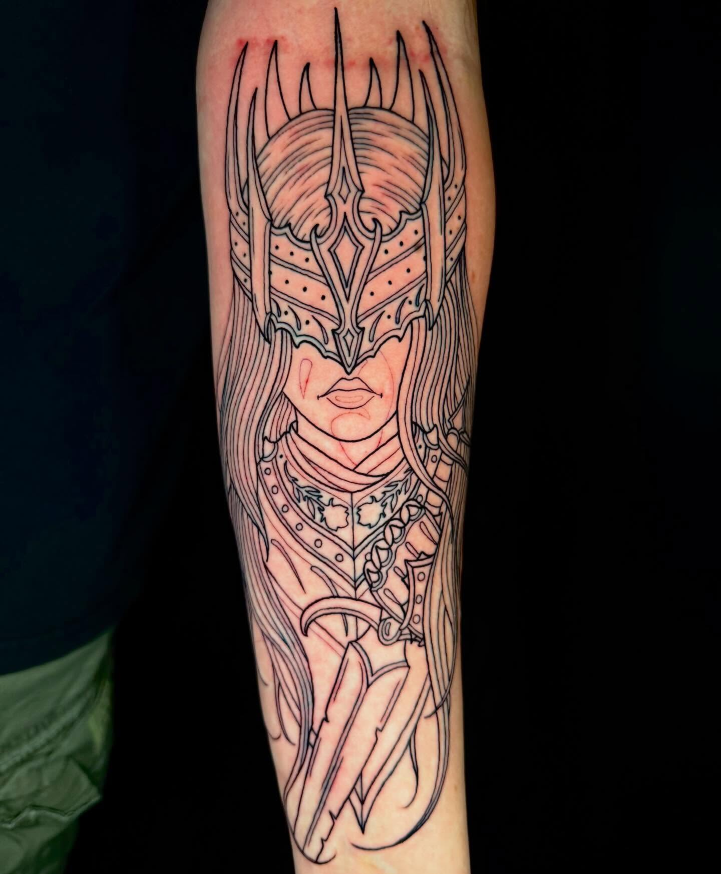 Female warrior fine line tattoo on the forearm by Trenton Helms