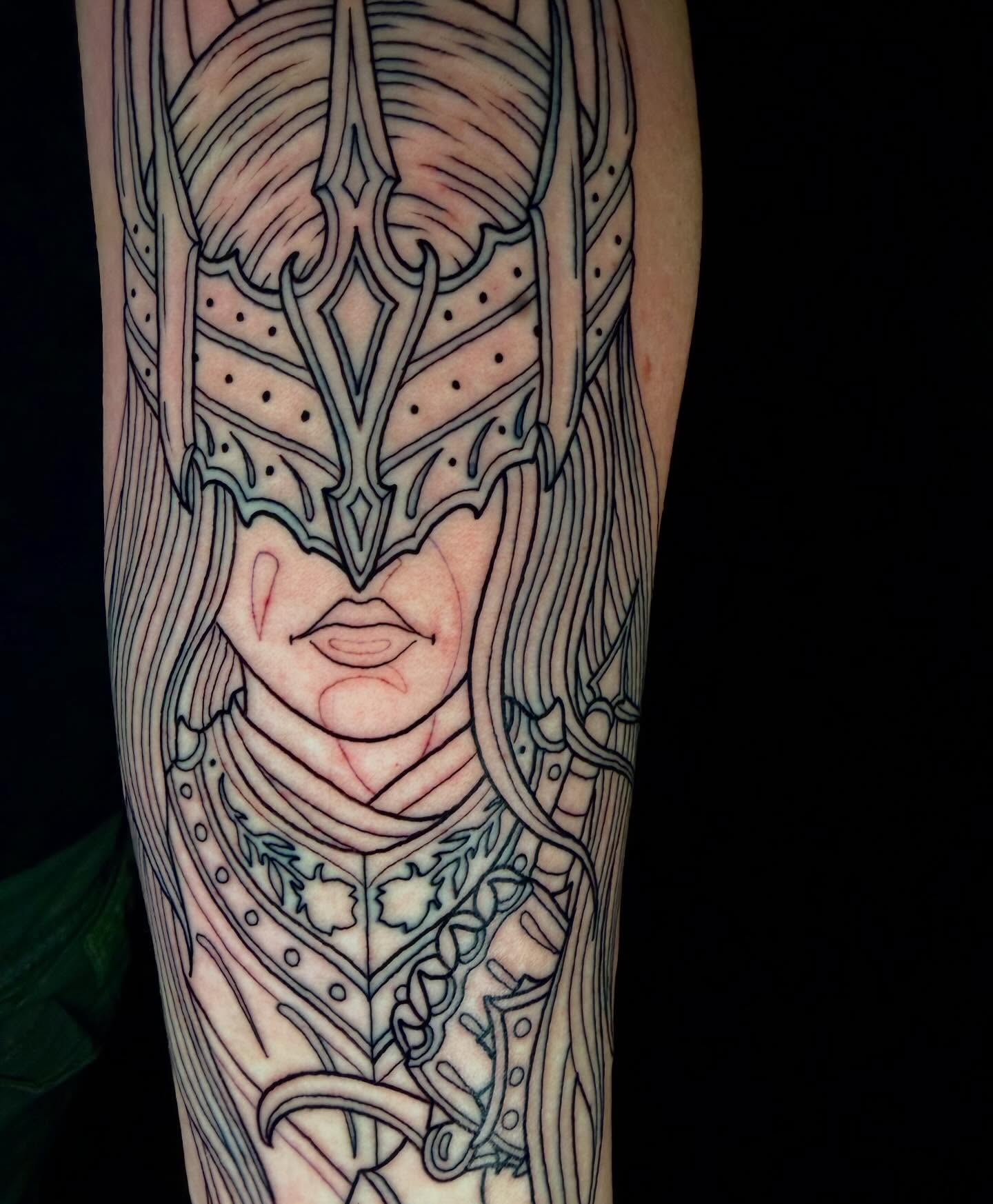 Elven warrior fine line tattoo on the forearm by Trenton Helms