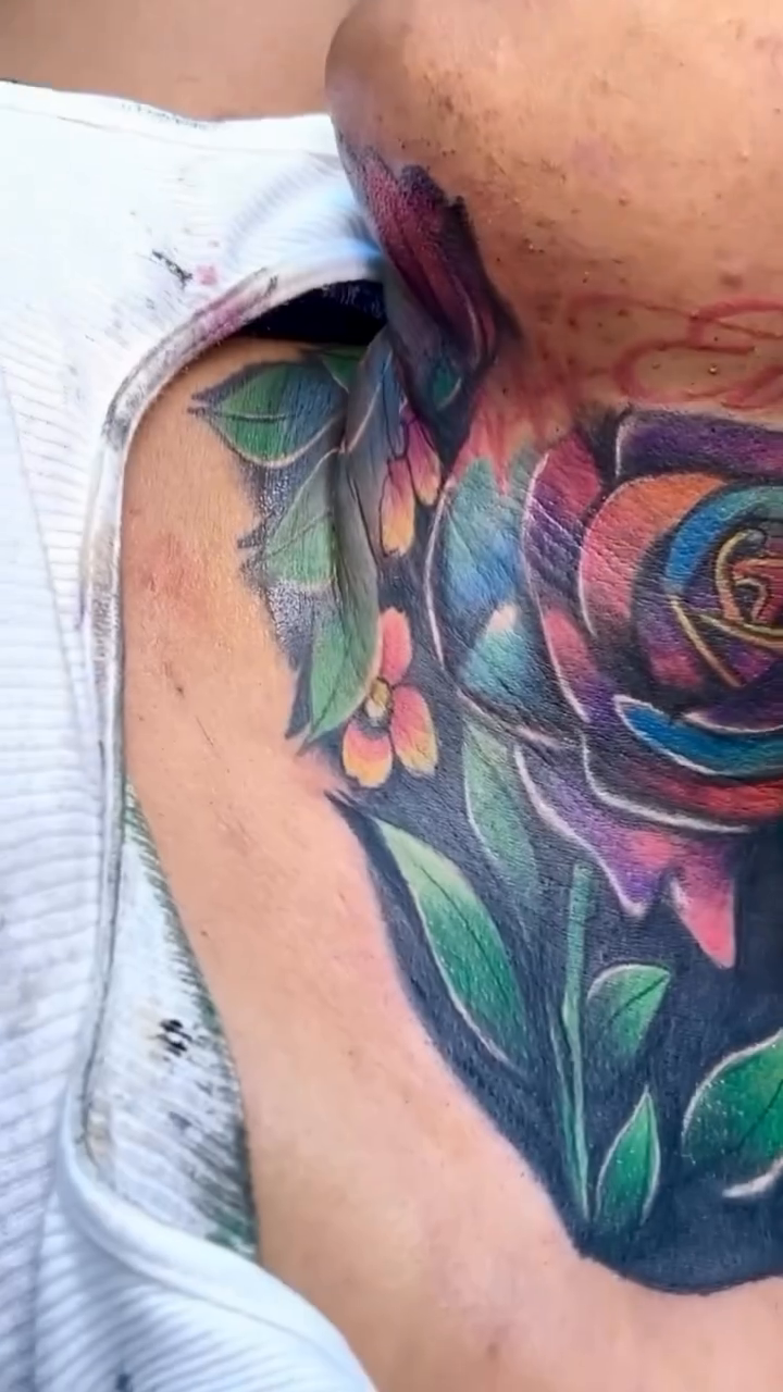 Rose and fruit tattoo on neck neo-traditional tattoo on the neck by Inkby_larry