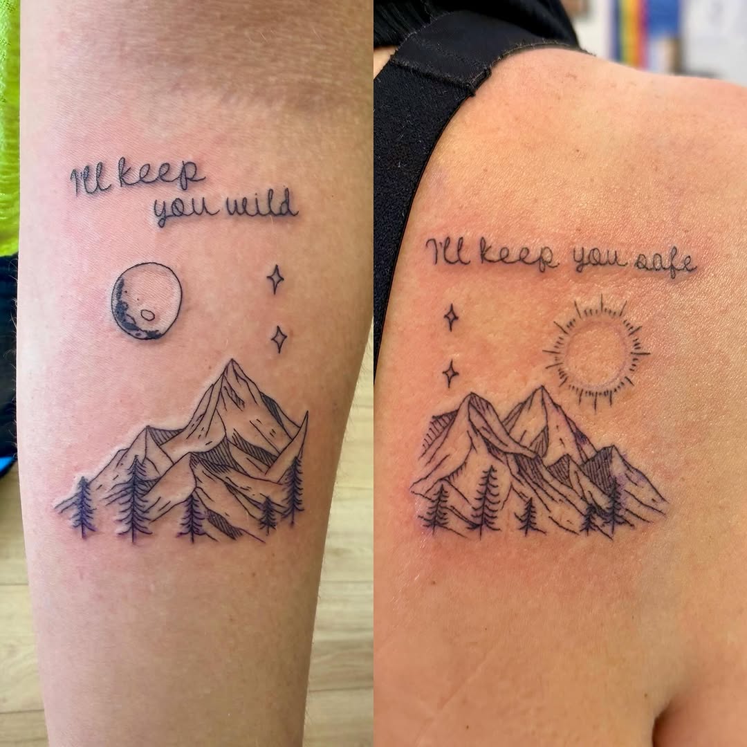Mountains, moon, sun, stars, lettering fine line tattoo on the upper arm by Stvn Geyer, Urbandale, Iowa