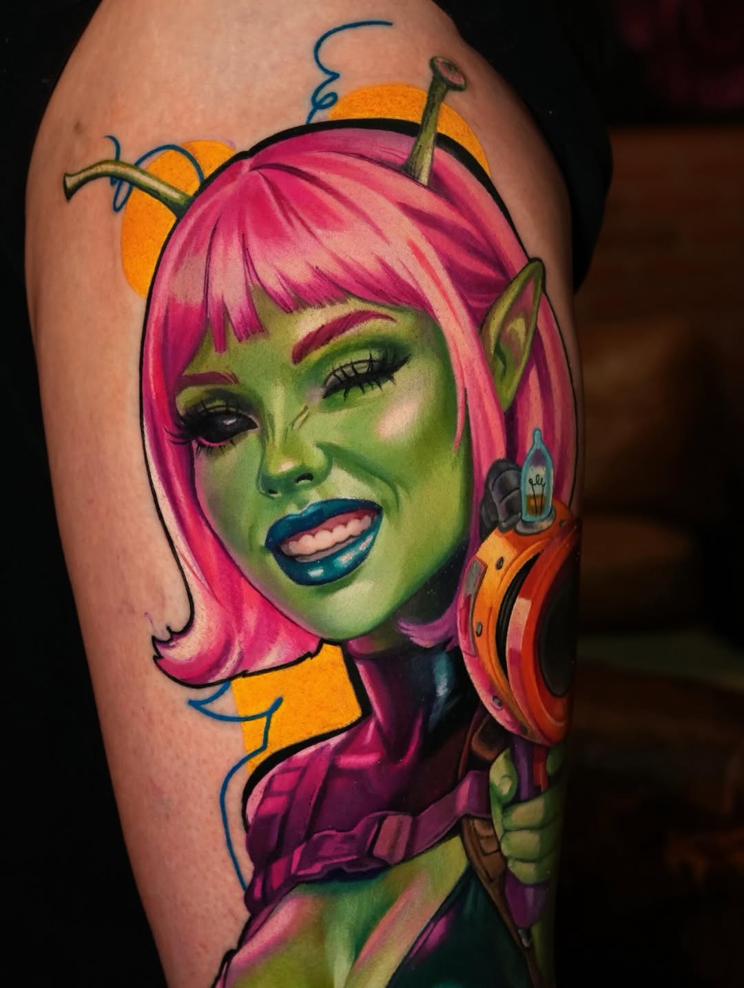 Alien woman with ray gun neo-traditional tattoo on the forearm by Daria Pirojenko