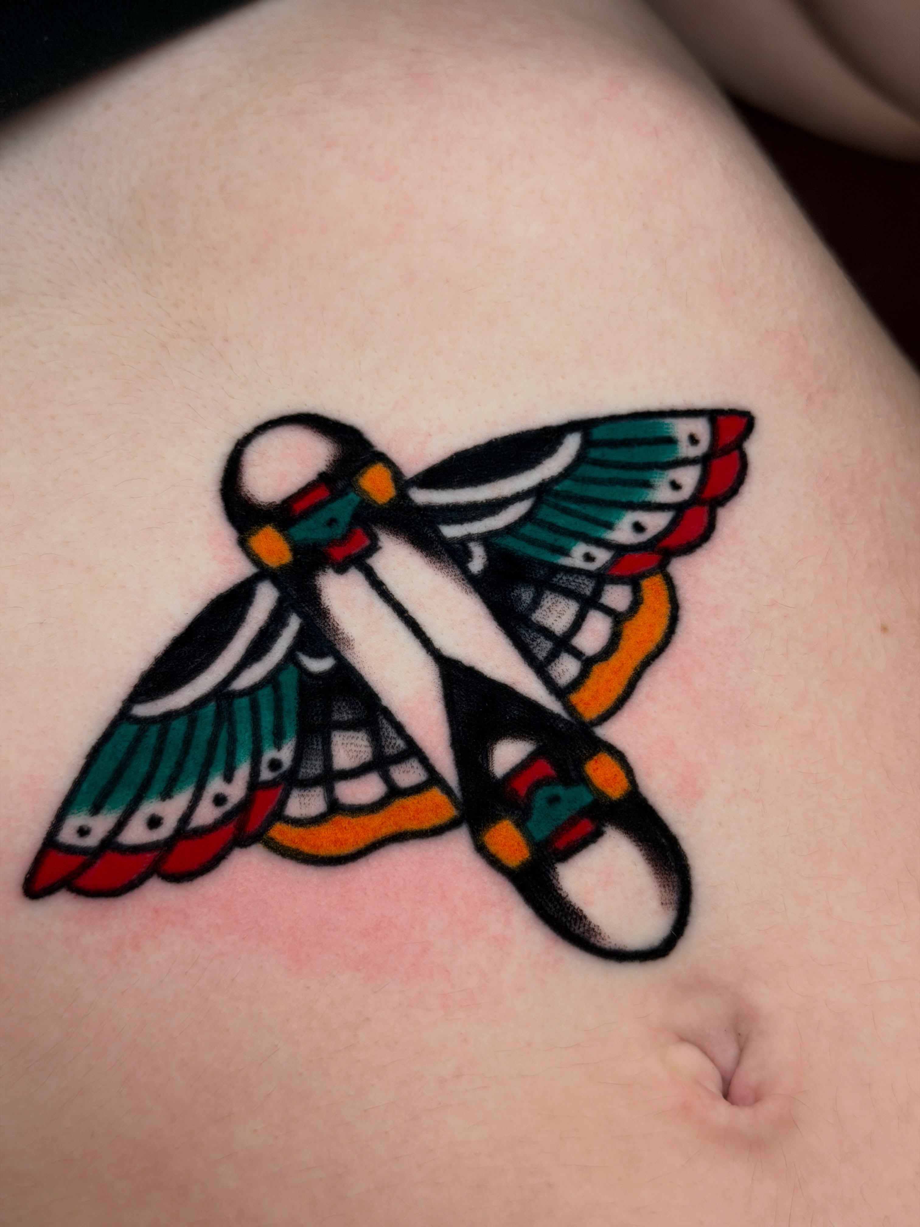 Scissors American traditional tattoo on the torso by Kyle Dean Traditional Tattoo Artist